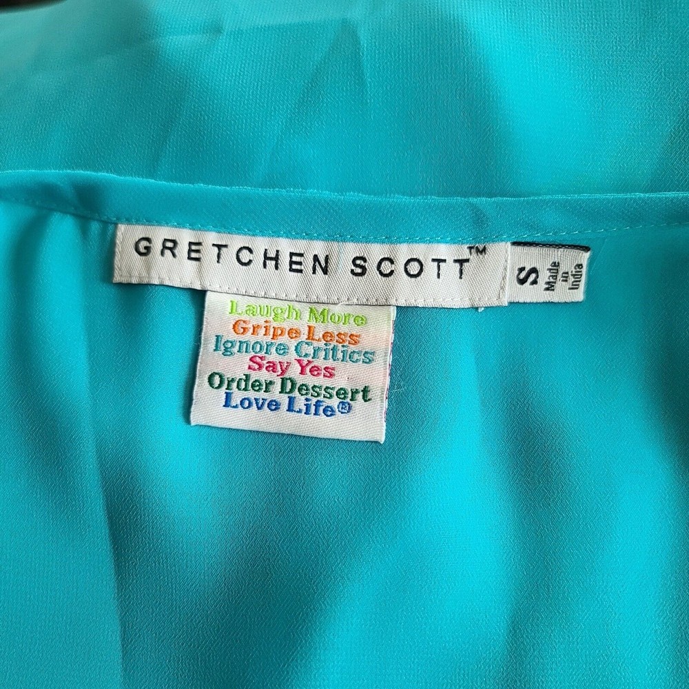 Gretchen Scott V Neck Embroidered Chiffon Tunic Top Sz S Blue Green 3/4 Slv FLAW - Picture 2 of 10